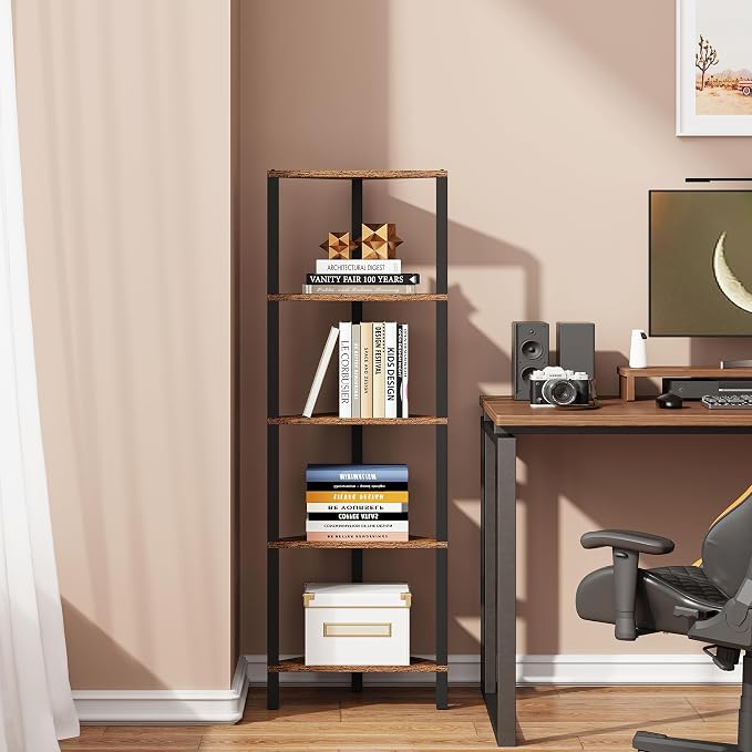 TUTOTAK Corner Shelf, 5-Tier Corner Bookshelf for Small Space | Narrow Display Corner Shelf Stand with Storage Rack, for Living Room, Bedroom, Rustic Brown BS05BB005