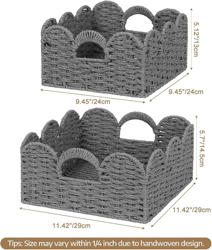 Storage Baskets for Shelves Scalloped Desk Organizer Paper Rope Bin Grey | Set of 2, Natural, Handwoven, Boho Decor, with Built-in Handles