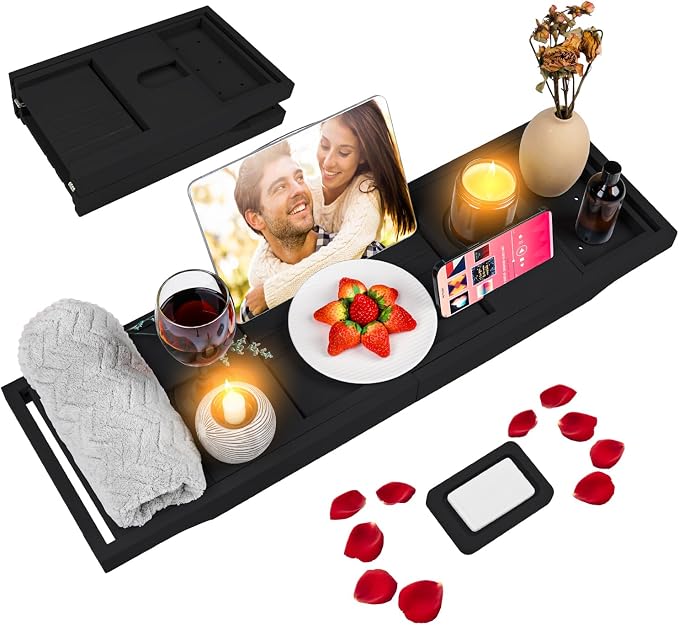 Foldable Bathtub Tray Caddy with Soap Dish Adjustable 29.5-43''Black | Bamboo Bath Table Trays with Non-slip Pads, Wine Glass Holder, Adjustable Tablet Book Stand, Spa Bath Essentials Organizer