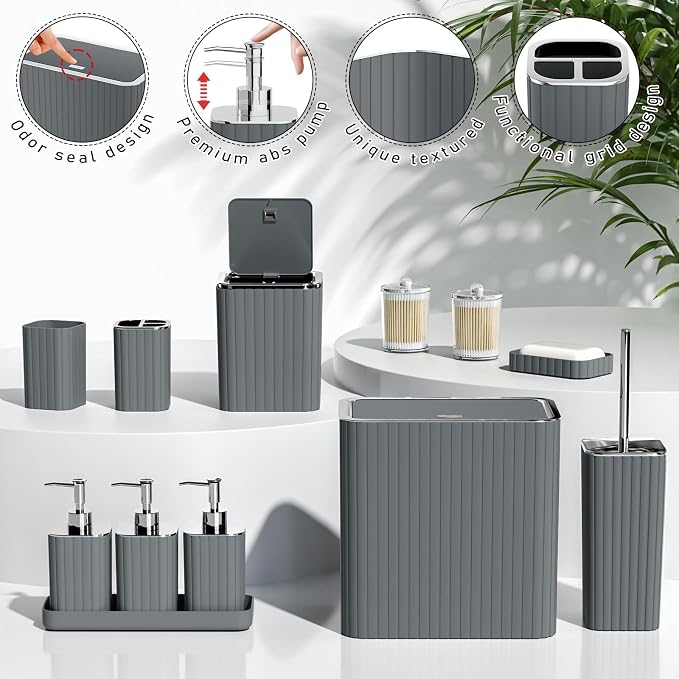 Bathroom Accessory Set - Bathroom Set, 27PC Bathroom Accessories Set, Grey Bathroom Sets with Shower Curtain and Rugs, Mini Trash Can, Toilet Brush, Trash Can & Soap Dispenser
