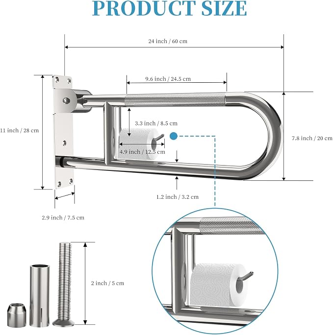 Flip-Up Toilet Grab Bar 24 Inch Chrome, Munzong Handicap Grab Bars | Anti-Slip Bathroom Safety Rails Stainless Steel Knurled Support handrails for Seniors Elderly Disabled Pregnant