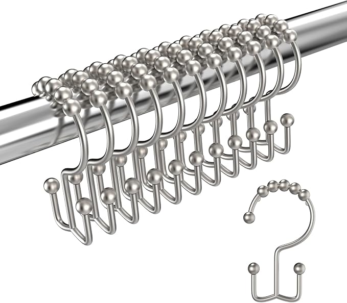 Matte Nickel Shower Curtain Hooks Double Sided with Roller Balls | for Bathroom Rods, for Shower Curtain and Liner, Smooth Gliding, Rustproof Metal, Set of 12 Hooks