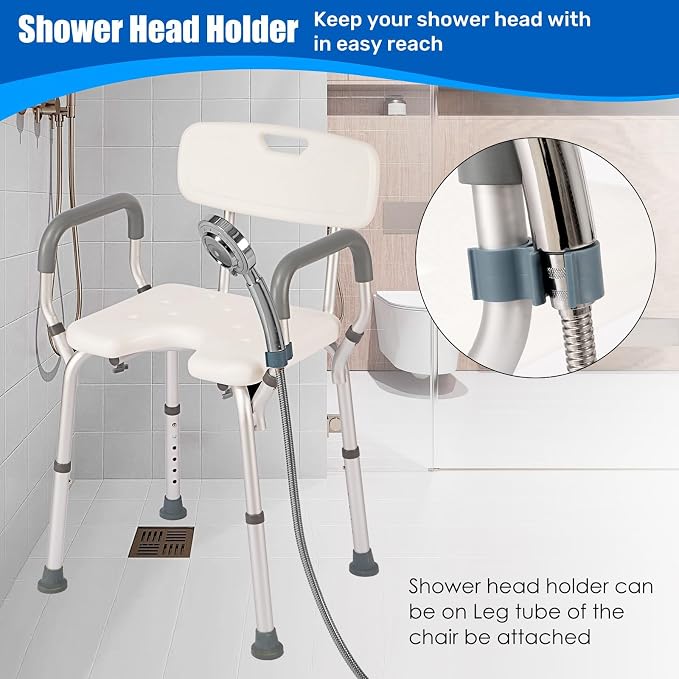 Shower Chair with Arms and Back, 330lbs Heavy Duty Bath Seat with U-Shaped Cutout, 21" Extra Wide Adjustable Shower Stool with 2 EVA Pads and Shower Head Holder, Tool-Free Assembly