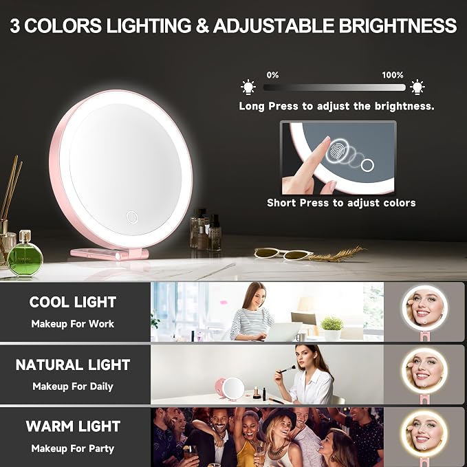 Mocado 30x Magnifying Mirror with Light, 6" Magnifying Mirror Suction Cup | 3 Colors Light, Dimmable Touch, 0-100% Brightness Adjustable, Stable Stand, 2000mAh Rechargeable, Handheld Mirror,(Rose Gold)