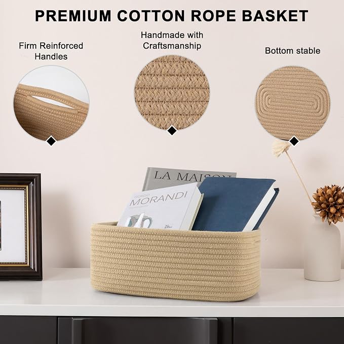 OIASKET 4 Pack Small Storage Shelf Baskets for Organizing, Mini Woven Rope Storage Bins for Towels, Cute Decorative Closet Organizer，Baby Nursery, Gift Empty Baskets -11.81''Lx7.87''Wx4.72''H-Jute