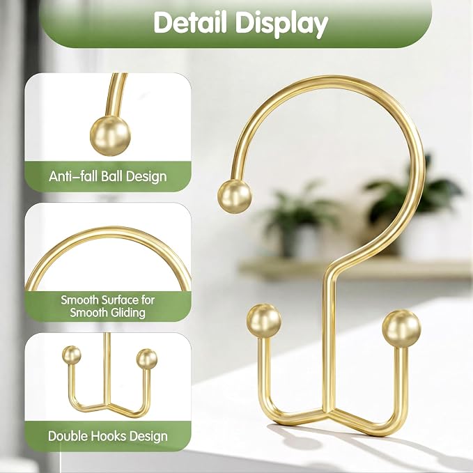 OEH 24 Pcs Shower Curtain Hooks, Metal Shower Curtain Rings, Gold Shower Curtain Hooks Rust Proof, Double Shower Rings for Curtain, Easy Install Anti-Drop Shower Hooks for Shower Curtain, Gold