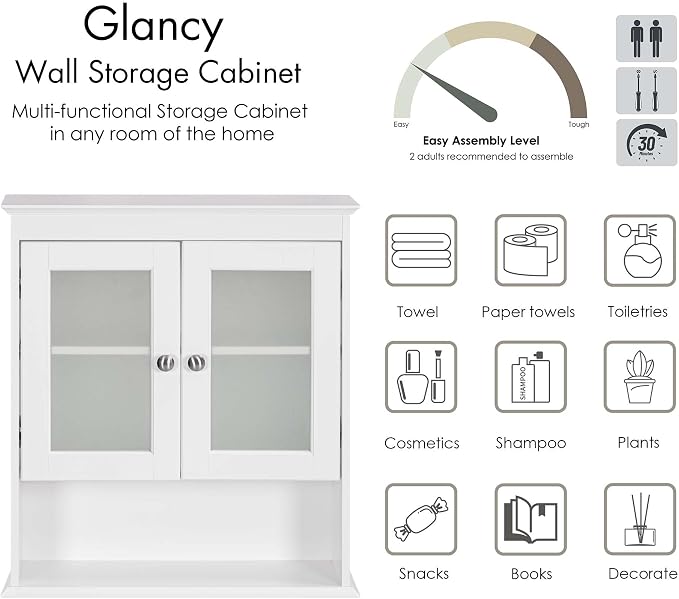 Spirich Bathroom Wall Cabinet with Glass Doors, White Medicine Cabinet | FSC-Certified MDF, Adjustable Shelf, Open Bottom Shelf, Wall Mount Storage for Bath, Kitchen, Laundry Room or Entryway