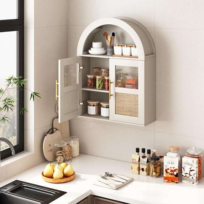 RUSTOWN Arched Bathroom Wall Cabinet with 2 Glass & Rattan Doors | Rattan Medicine Cabinet, Farmhouse Over the Toilet Storage Cabinet, Adjustable Shelves, 3-Tier Wall Mounted Cabinets