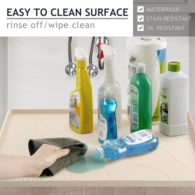 Heavy Duty Silicone Under Sink Mats for Kitchen Waterproof 37" x 19", Extra Thick Under Sink Rubber Mat Drip Tray, Raised Edge Under Sink Liner,Prevent Drips, Leaks, Spills,Beige