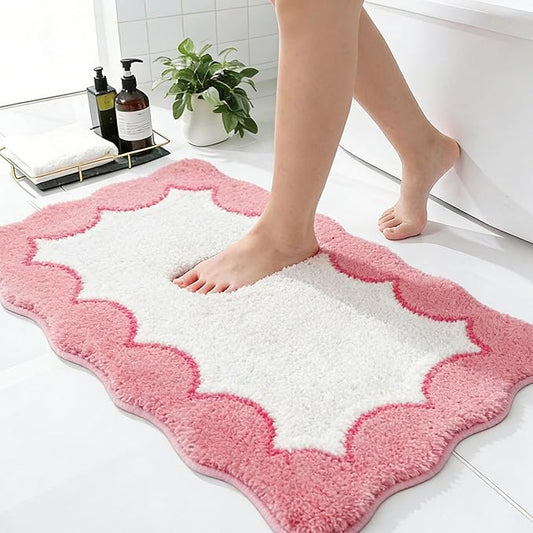 Scalloped Pink Bathroom Rugs Mat,Non Slip Absorbent Quick Dry Bath Mats for Shower Room,Plush Microfiber Bath Mats for Bathroom Floor Washable Carpet for Shower Tub Sink Bedroom,20"x32"