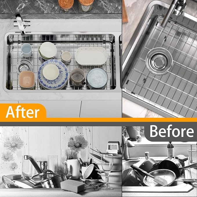 Large Sink Protector for Kitchen Sink,Metal Sink Rack 28.8" X 14.8",Stainless Steel Sink Grid for Bottom of Sink,Sink Grate with Side Drain Hole for Single Bowl with Strainer,1 Pack