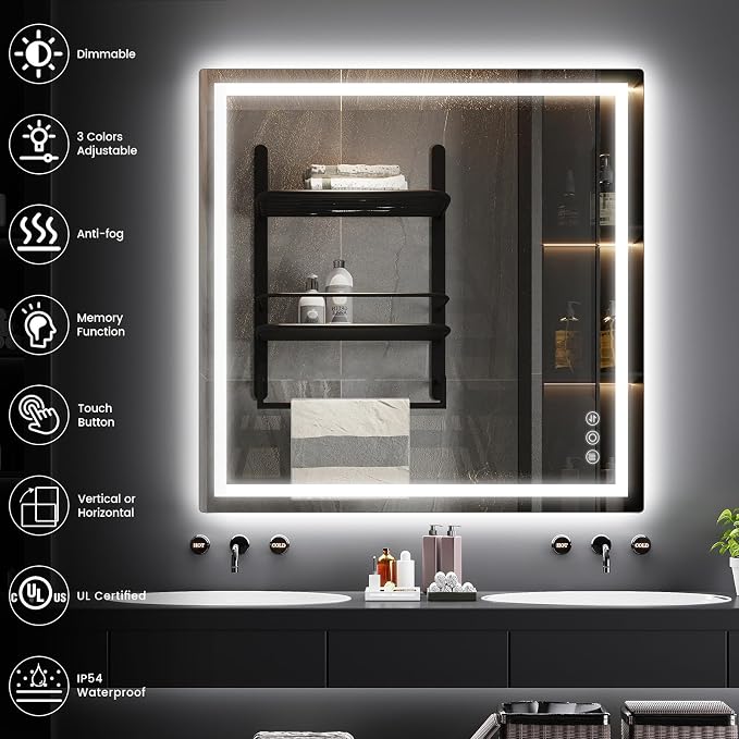 36" x 36" LED Bathroom Mirror with Lights, Memory Vanity Mirror | Anti-Fog, 3 Color Modes, Dimmable, Front Lit, Memory Function, Tempered Glass, Lighted Bathroom Mirror for Wall