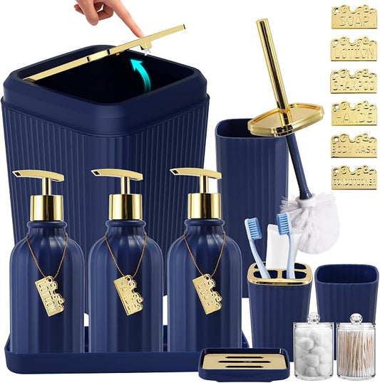 17PCS Bathroom Accessories Set, Navy Blue Bathroom Set Bathroom Accessories Set with Trash Can, Toilet Brush, Toothbrush Holder, Qtip Holder & 3PCS Soap Dispenser