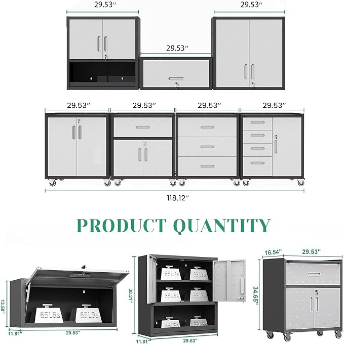 Garage Storage Cabinet System,Wall Cabinet & Locking Rolling Tool Cabinet with Doors and Adjustable Shelves