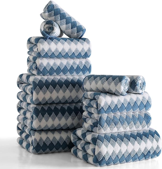 12 Pcs Navy White Diamond Towel Set-4 Bath Towels,4 Hand Towels,4 Washcloths Soft Polyester Towels with Loop Absorbent Shower Towel Quick Dry Beach Chair Towel Family Towels for Bathroom Spa Gym Pool