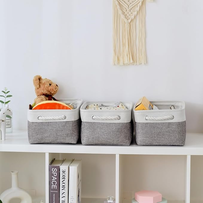 Organization and Storage Basket for Shelves - 1 Pack 14x10x6.7 inch Collapsible Storage Bins, Fabric Storage Cubes for Closet Organizer Toy Gift Cloth (White & Grey)