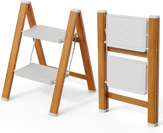 HBTower 2 Step Ladder, Lightweight Aluminum Folding Step Stool | Anti-Slip Wide Pedal, 330lbs Capacity Step Ladder for Household Kitchen Office, WhiteWoodgrain