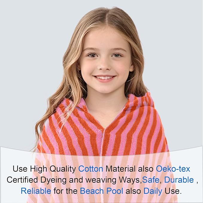 VOOVA & MOVAS Big Kids Hooded Bath Towel, 8+, 100% Cotton, Thick, Red Pink | Horizontal Stripe Design, Soft, Absorbent & Quick Dry, Perfect for Bath, Pool, Swim and Beach