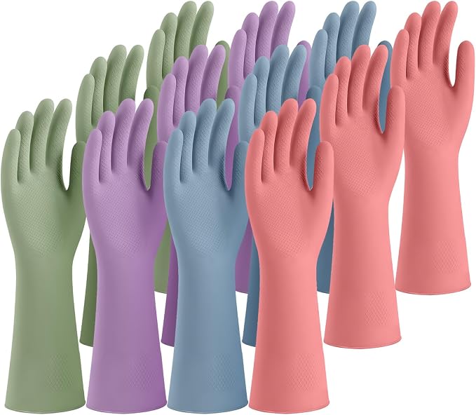 Rubber Cleaning Gloves for Dishwashing, 12 Pairs Reusable Kitchen Gloves for Washing Dishes and Household Cleaning, Colorful Gloves with Flocked Lining and Non-Slip Grip, Perfect for Women Men - L