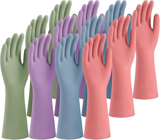 Rubber Cleaning Gloves for Dishwashing, 12 Pairs Reusable Kitchen Gloves for Washing Dishes and Household Cleaning, Colorful Gloves with Flocked Lining and Non-Slip Grip, Perfect for Women Men - S