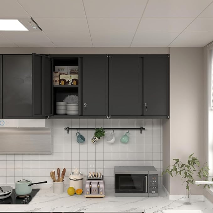 Wall Cabinet Storage, Locking Wall Cabinet with 2 Doors,Garage Storage Cabinet for Home Office,Gym,Garage,Black