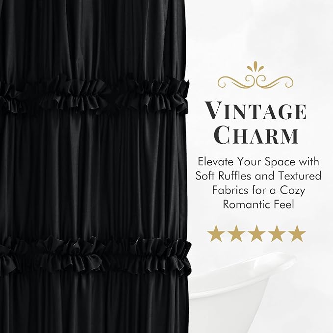 LIPA Boho Shower Curtain Rustic Ruffle Shower Curtain with Ruched & Bow Vintage Farmhouse Shower Curtains for Bathroom Bohemian Bathroom Decor(Black,72x78 Inches)