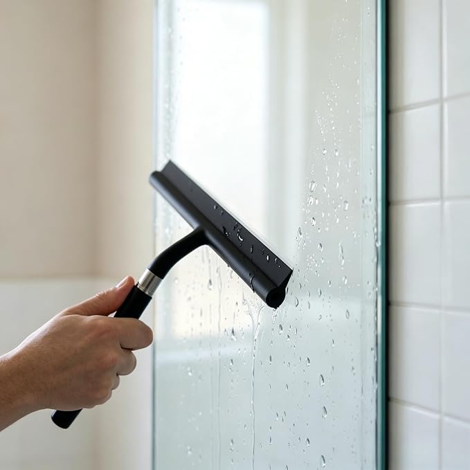 Black Telescopic Shower Squeegee for Glass Doors, Tile Shower Walls. Comes with Suction Hook, Great for Shower Glass