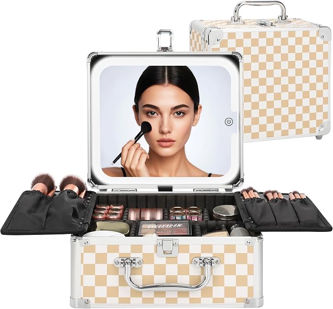 Relavel Makeup Bag with LED Mirror, Makeup Box Travel Train Case with Lighted Mirror & Adjustable Dividers, Cosmetic Brush Organizer Storage for Makeup Artists Gifts for Women and Girls (Plaid, Small)