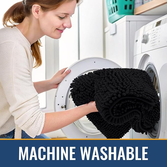 Arotive Bathroom Rugs 34x21, Soft Absorbent Shaggy Chenille Bath Rugs | Black, Machine Washable Rubber Backing Bath Mats for Bathroom Floor Tub and Shower Home Decor Accessories