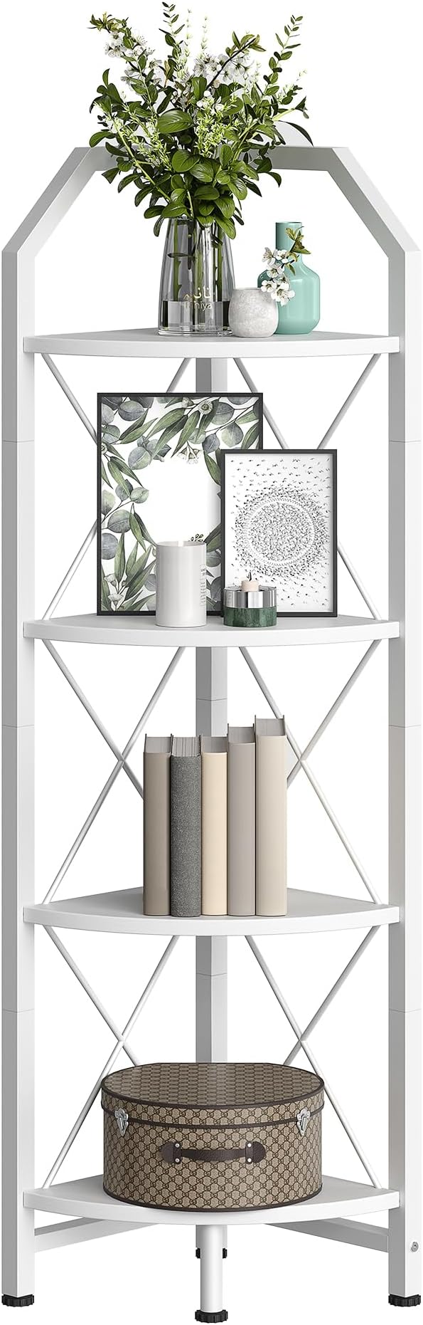 4-Tier Corner Shelf, Industrial Corner Bookshelf, 47.6" Corner Storage Stand, Plant Stand Display Shelf, Corner Bookcase for Bedroom, Living Room, Home Office, White TCJ09WB