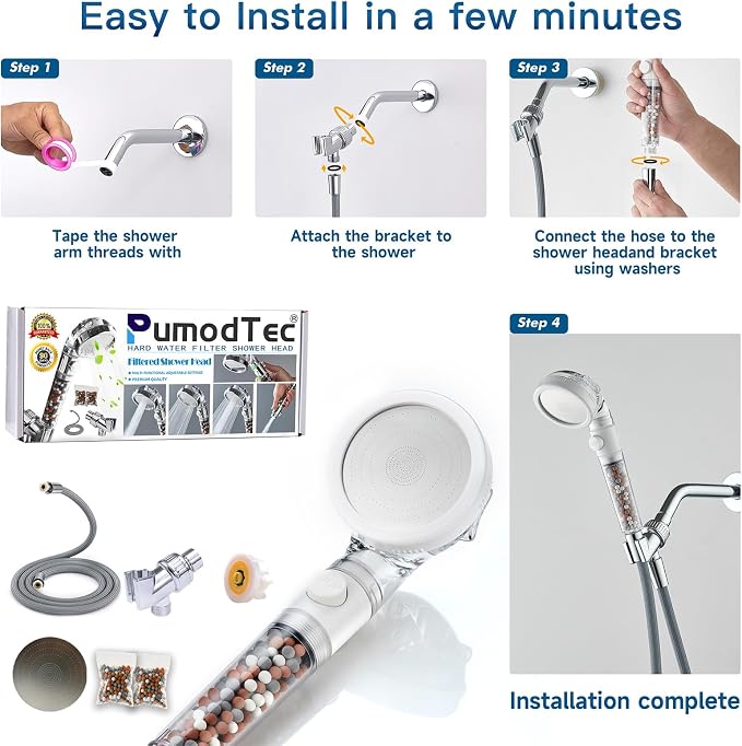 Filtered Shower Head with Handheld - High Pressure Mineral ShowerHead with Filters for Hard Water - Reduces Dry Itchy Skin, Easy Instal, 4 Modes, Water Saving, Durable, Detachable anti blocking