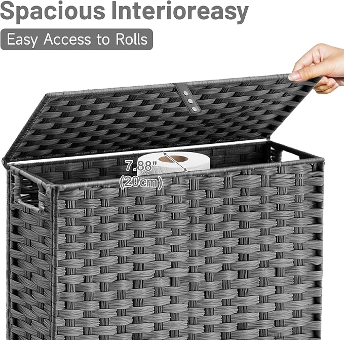 Hiagnete Toilet Paper Storage Basket with Lid and Wheels, Rattan Toilet Paper Holder Storage, Toilet Paper Organizer for Bathroom, Bedroom, Kitchen, 19.7”L x 7.9”W x 24.62”H, Grey