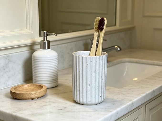 Stoneware Toothbrush Holder for Bathroom Tooth Brush Holder for Bathroom Toothbrush Cup Toothbrush Holders Cute Fluted Vertical Ribbed Stripe (Speckled White)