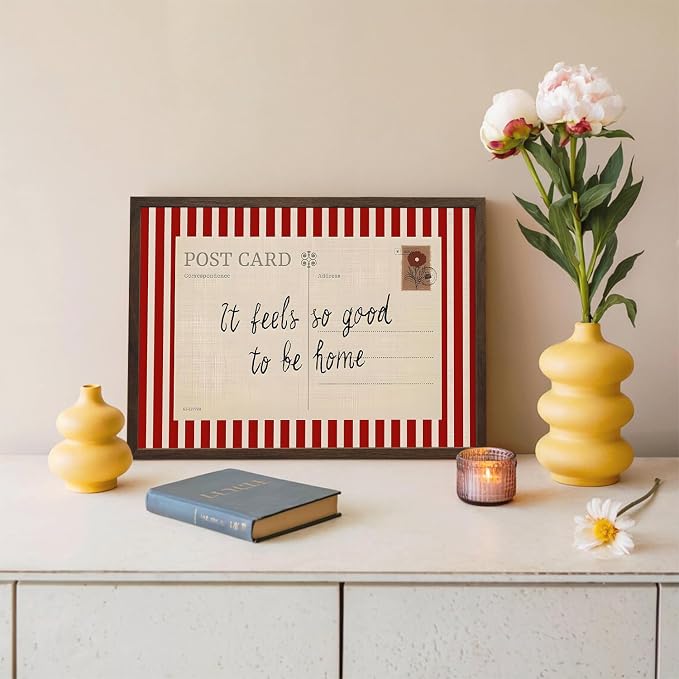 Vintage It Feels so Good to be Home Wall Art Mid Century Positive Quote Postcard Decor Picture, Trendy It's so Good to be Home Striped Poster Canvas Print 12x16 inch Walnut Wood Framed