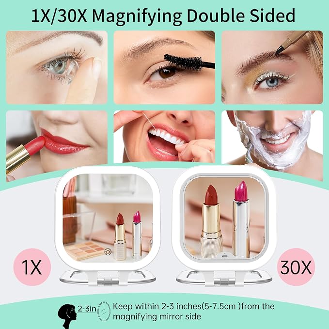 7" Rechargeable Travel Makeup Mirror 30X Magnification (White) | Lighted Portable Vanity Mirror with 3 Colors Lighting & Stepless Dimming, Double Sided LED Mirror, Gift for Women