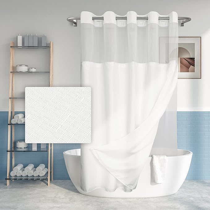 River Dream Long No Hook Slub Textured Shower Curtain with Snap-in PEVA Liner Set - 71" x 77"(75"), Hotel Style with See Through Top Window, Fabric Curtain & Waterproof Liner, White, 71x77 | Snap on/off Waterproof PEVA Liner, See Through Top Window, Sl...