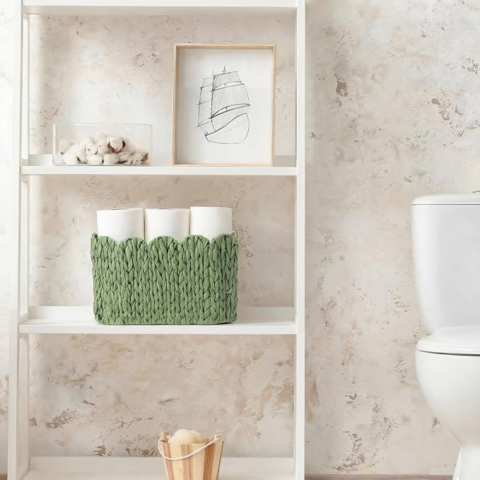 Kathfly Sage Green Toilet Paper Storage Basket Scalloped Wicker Woven Bathroom Basket Toilet Paper Holder Holds up to 6 Mega Rolls Woven Organizer for Home Bathroom Kitchen Offices