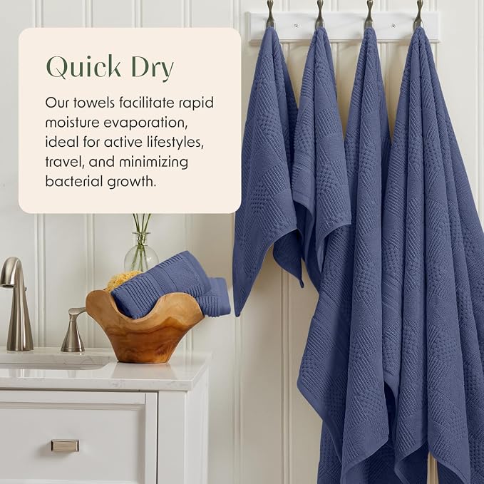 100% Cotton Bath Towel Set | 4-Pack | Textured | Indigo | Luxury Geometric Design | Absorbent & Quick-Dry Bathroom Towels | Textured and Durable Cotton Towels for Bathroom | OEKO-TEX