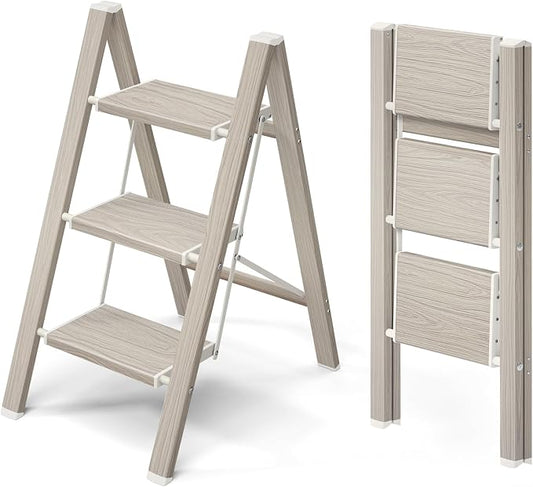 Mayi Plus 3 Step Stool Foldable, Aluminum, Lightweight Step Ladder | Extra-wide anti-slip folding steps with 330 lbs, for home,kitchen,office,outdoor,Fir woodgrain