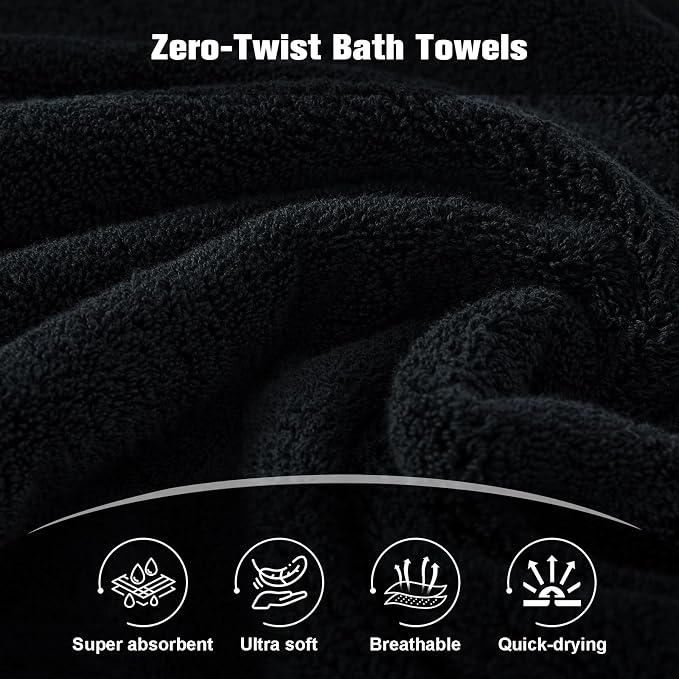 COZYART Luxury Bath Towels 4 PCS, 27x54 650 GSM Turkish Cotton, Black+White | Zero Twist 100% Ring Spun Cotton, Fluffy, Ultra Soft, Super Absorbent, Quick Dry, Large Towels for Hotel Spa Bathroom Shower