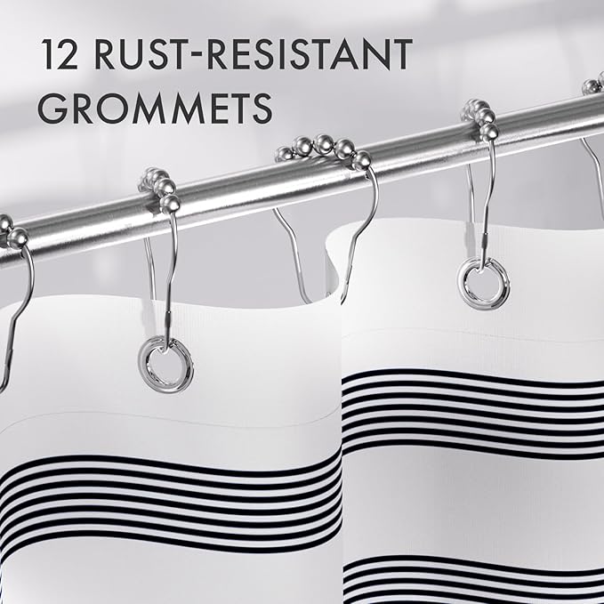 AmazerBath Navy Blue Shower Curtain, Blue and White Striped Bathroom Shower Curtain with 12 Shower Curtain Hooks, Rustic Fabric Blue and White, 72x72 Inches