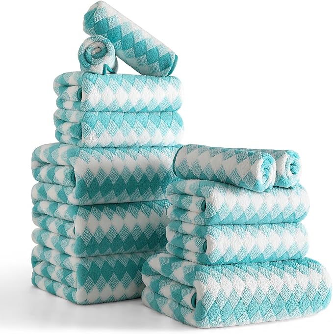 12 Pcs Aqua White Diamond Towel Set-4 Bath Towels,4 Hand Towels,4 Washcloths Soft Polyester Towels with Loop Absorbent Shower Towel Quick Dry Beach Chair Towel Family Towels for Bathroom Spa Gym Pool