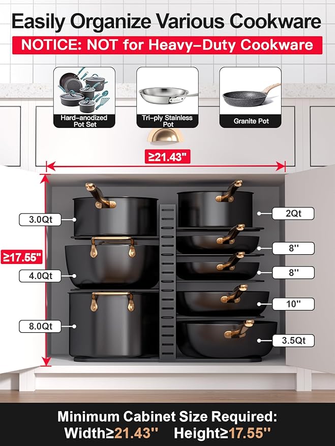 MUDEELA 8-Tier Lightweight Pots and Pans Organizer under Cabinet, 14.55" H | 3 DIY Methods, Adjustable pot rack, Fits 6"-11" pots and pans, Pot lid organizer inside cabinet, Kitchen storage