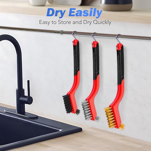 Wire Brush Set, 6 Pcs Brass/Stainless Steel/Nylon Wire Brushes | Red, 7" Total Length for Tight Spaces, For Cleaning with Curved Handle Grip for Rust Removal, Dirt, Paint Scrubbing