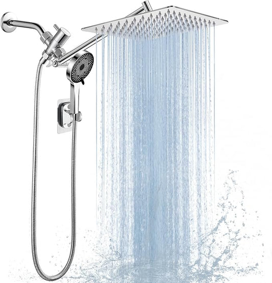 Shower Head,10”Rain Shower Head with Handheld Spray Combo with 11'' Angle Adjustable Extension Arm/Flow Regulator/Shower System,High Pressure Rainfall Shower Head Clean Bathroom,Matt Black