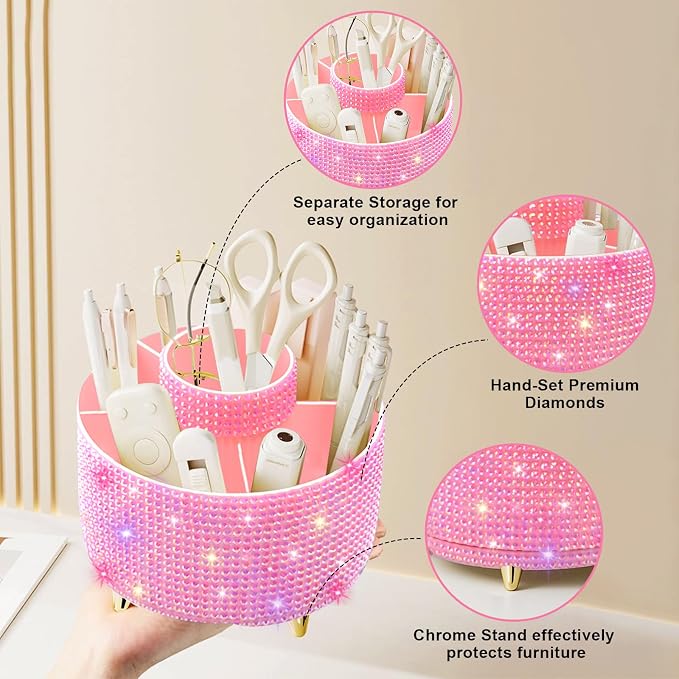 Bling Diamond 360° Makeup Brush Holder Organizer, Rotating Makeup Brush Organizer,5 Slot Make up Brushes Cup for Cosmetics, Vanity Desktop Organizer, Gift for Women Teen Girls- Diamond Pink