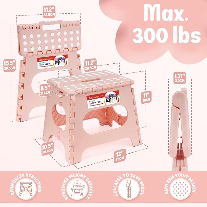 11" Folding Step Stool for Kids, Non-Slip Foldable Stool, Light Pink | Heavy Duty Collapsible Foot Stool, Lightweight with Built-in Handle, Holds 300 lb for Adults Kitchen Bathroom Bedroom Outdoor