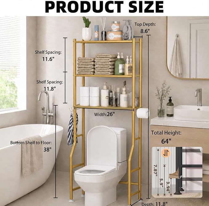 GloTika 3-Tier Over Toilet Storage, Anti-Tilt, 64" H, Gold | Anti-Tilt Safety System, 150lb Capacity, Carbon Steel, Freestanding, No Drilling, Anti-Rust Coating, Paper Holder & 4 Hooks