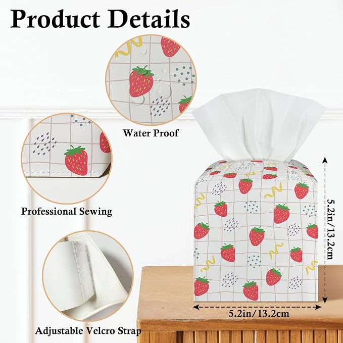 Strawberry Tissue Box Covers Square, Leather Tissue Box Holders Decorative for Car Nightstand Home Office Bathroom Organizer, Square Facial Paper Organizer Home Decor -016