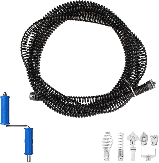 20ft x 1/2" Drain Snake Plumbing Pipe Cleaning Cable w/ 6 Cutters | Heavy-Duty Stainless Steel, Manual & Powered Adapter, Auto Feed, Hollow Core Design, Interchangeable Blades, for Sinks & Tubs
